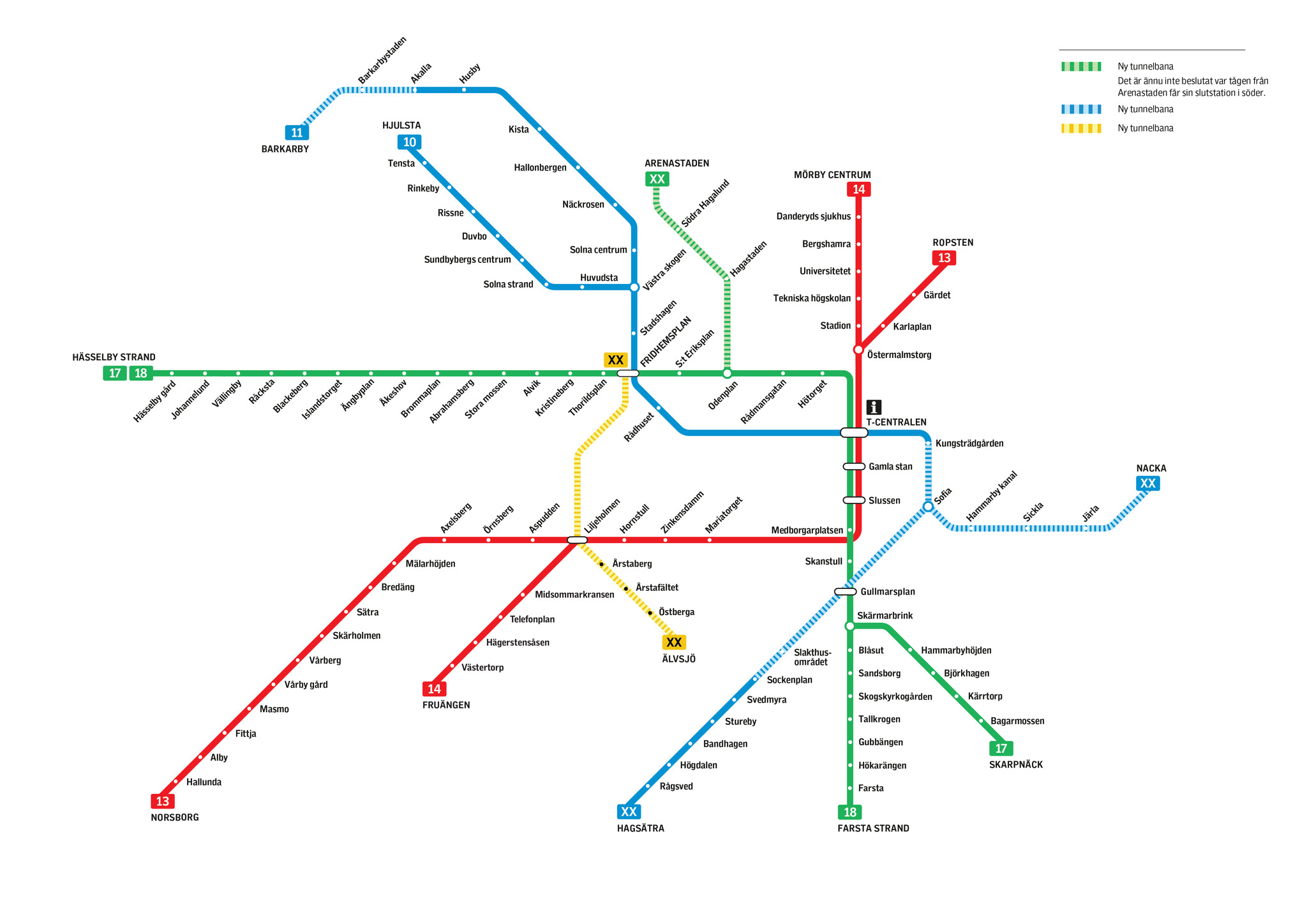 Tunnelbana karta med framtidens linjer inkluderade